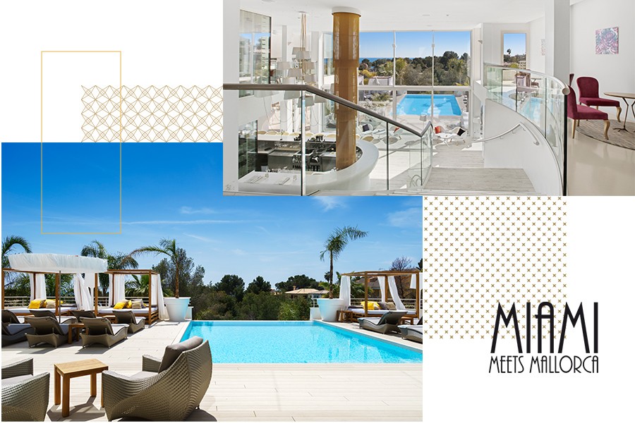 Two pictures of the beautiful infinity pool in the Luxury Boutique Hotel Mallorca with stunning panoramic view