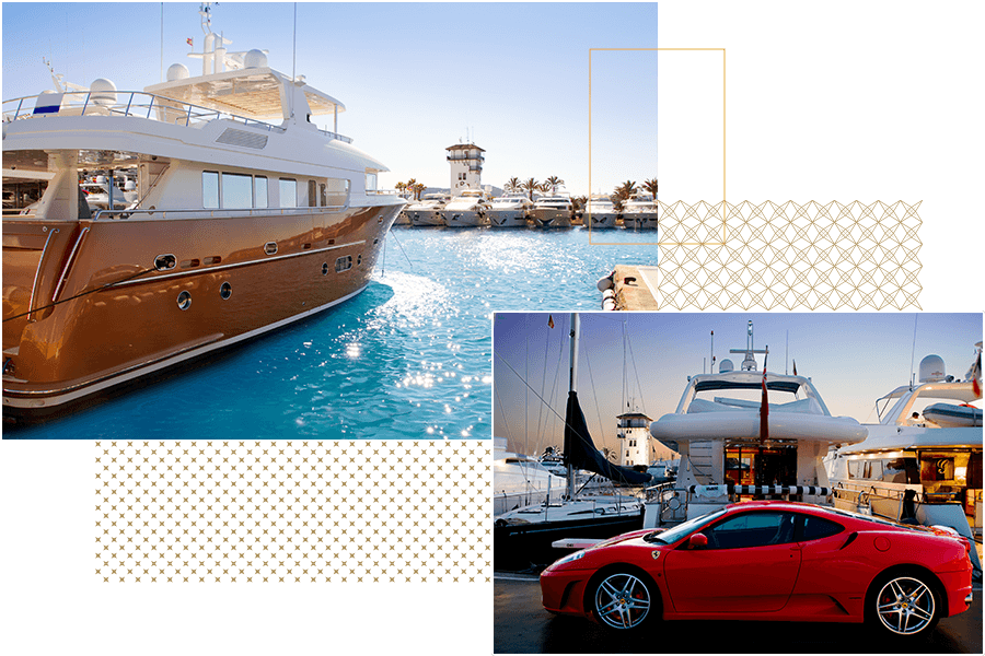 Pictures of the luxurious hotel yacht and a red Ferrari near the Luxury Boutique Hotel Mallorca