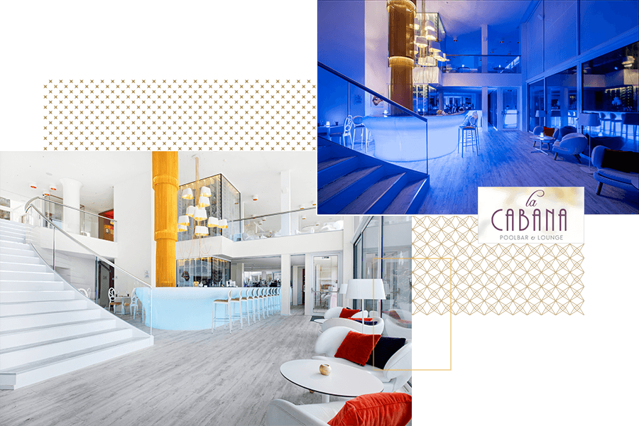 A detail of the modern La Cabana pool bar & lounge set with beautiful lighting