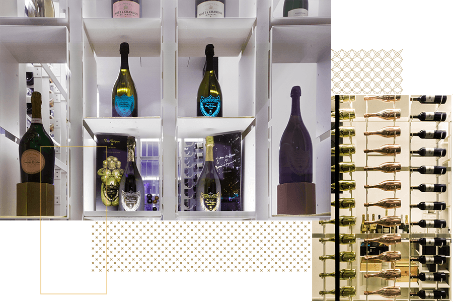 Close up of different champagne bottles of hotel bar