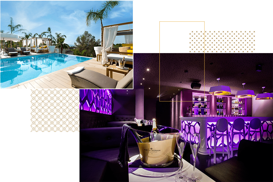 Una foto de la piscina y una foto de un bar del Boutique Hotel en Portals Hills