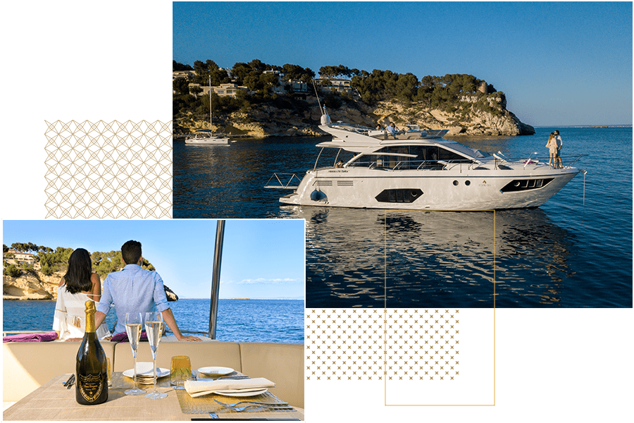 Two pictures of a couple on the yacht of the Portals Hills Hotel