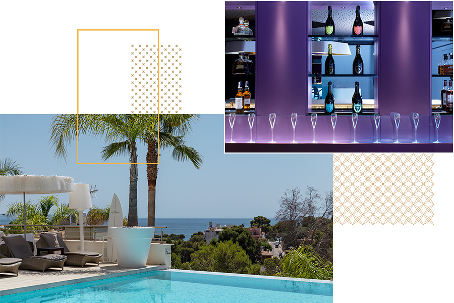 Graphic consisting of two images. One image shows bottles in a purple-lit bar. The other image shows a pool with a view of a sun lounger and a palm tree on a sunny summer day.